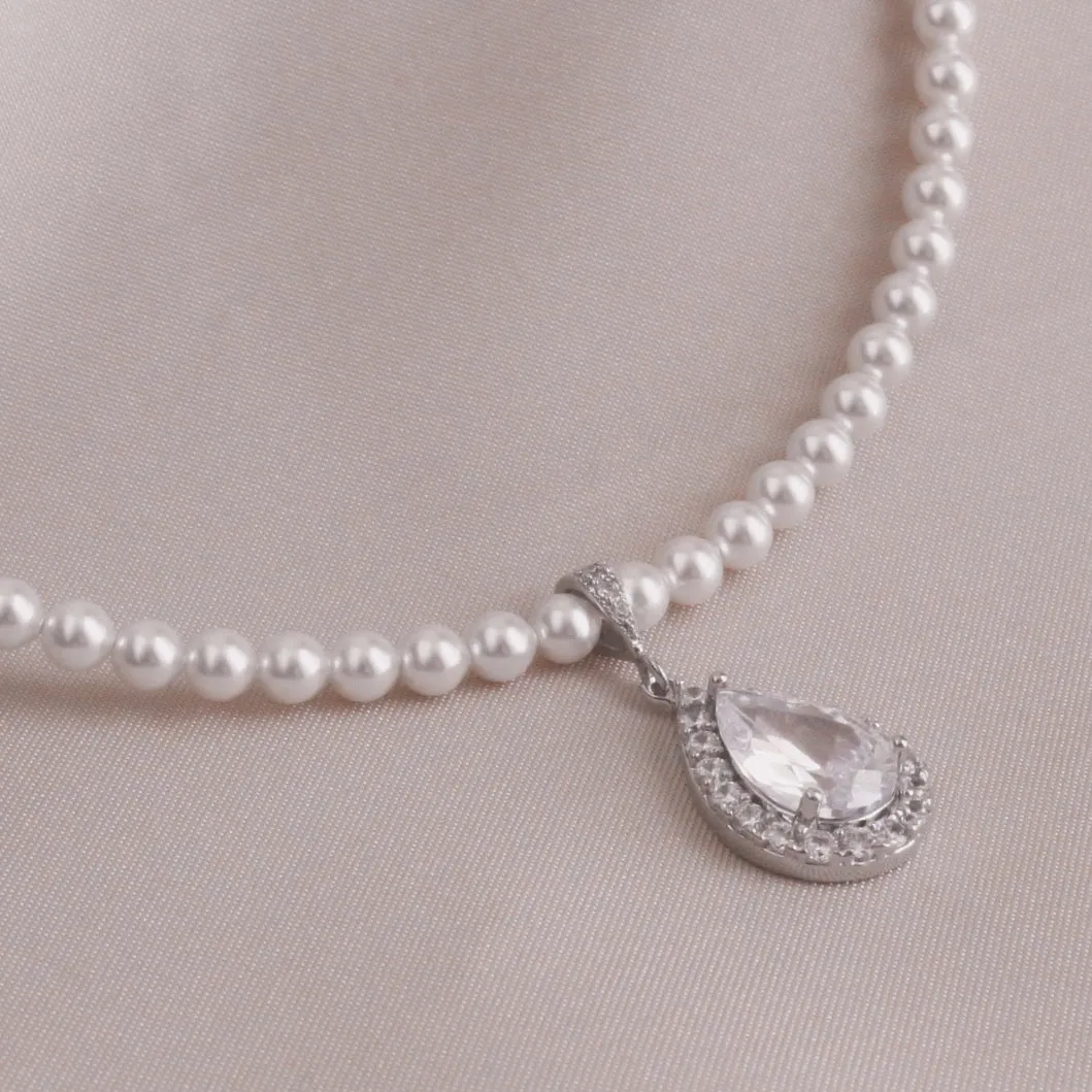 White Pearl Cubic Zirconia Teardrop Necklace