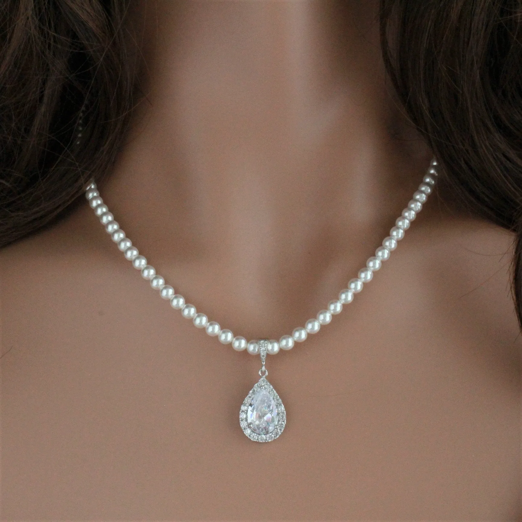 White Pearl Cubic Zirconia Teardrop Necklace