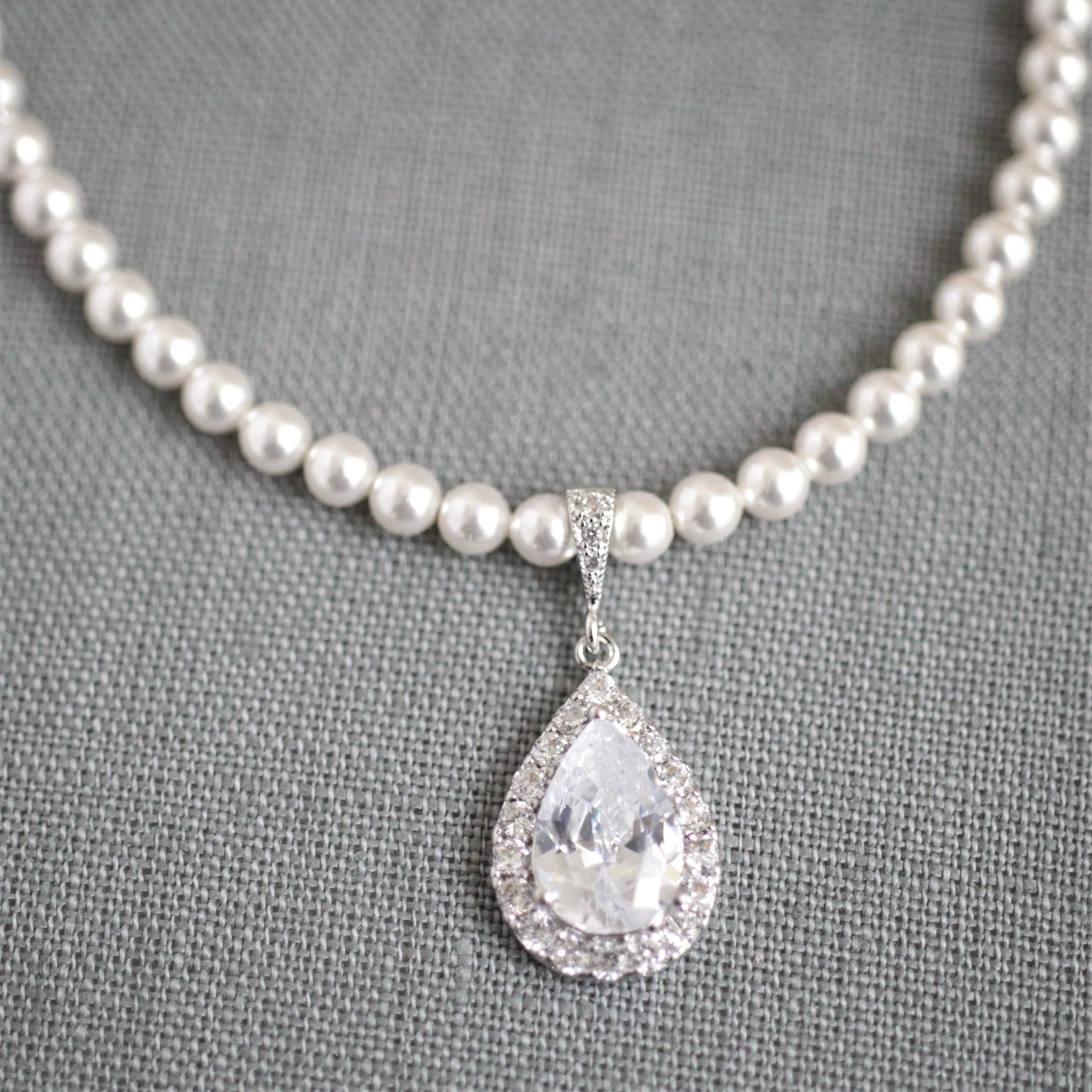 White Pearl Cubic Zirconia Teardrop Necklace